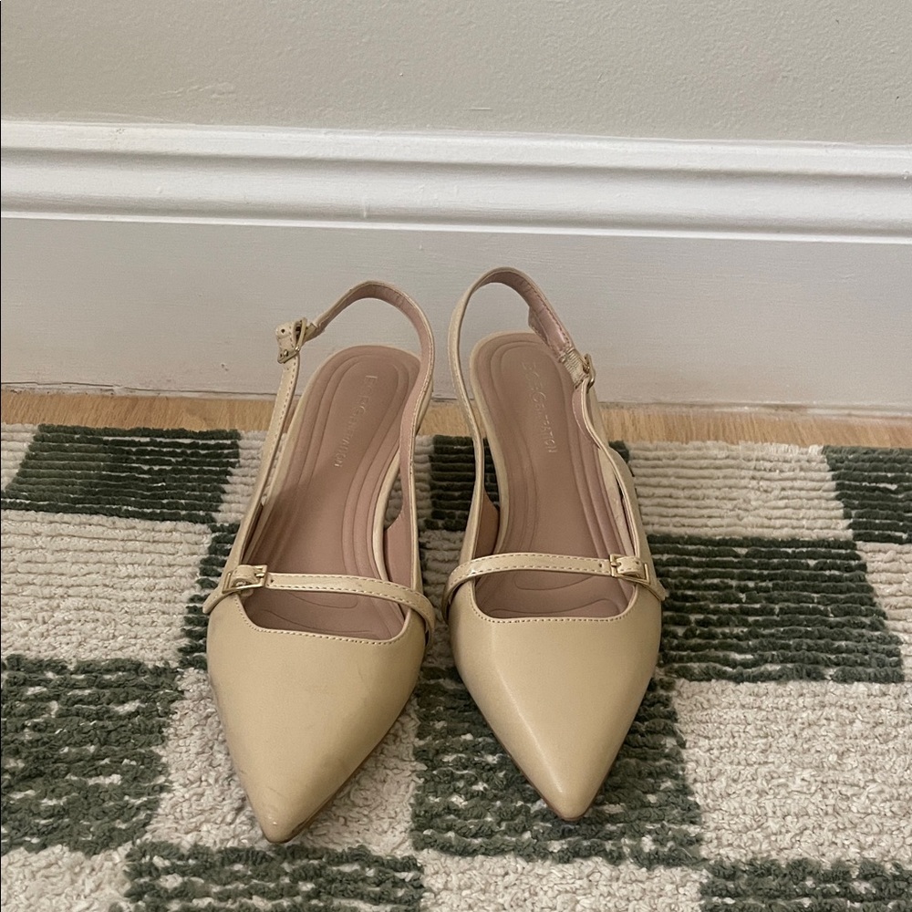 Tan Pointed-Toe Slingback Kitten Heels